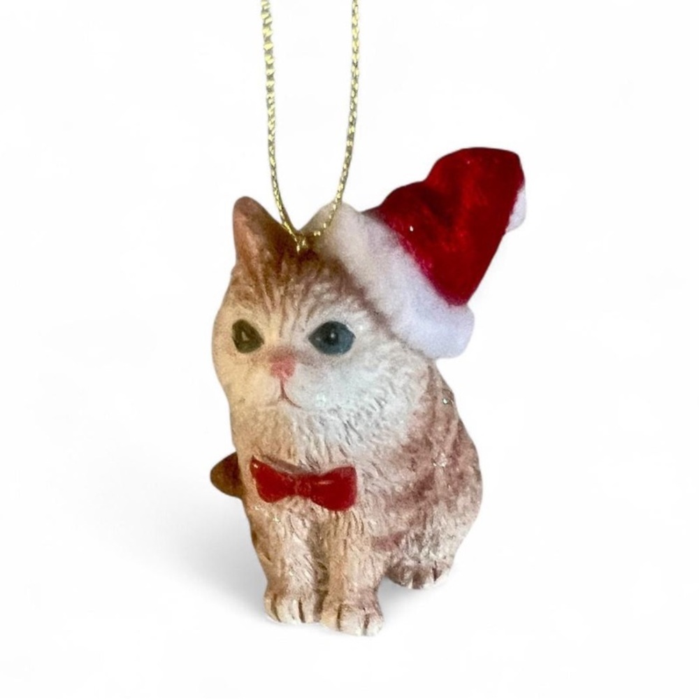 🛍️ 3/$15 Festive Tabby Cat Ornament with Red Santa Hat Macys Holiday Lane